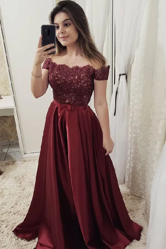 Summer Deals Burgundy Off Shoulder Satin Prom Dresses with Lace A Line  Formal Dresses N1571 Nordic Minimalist Home Look