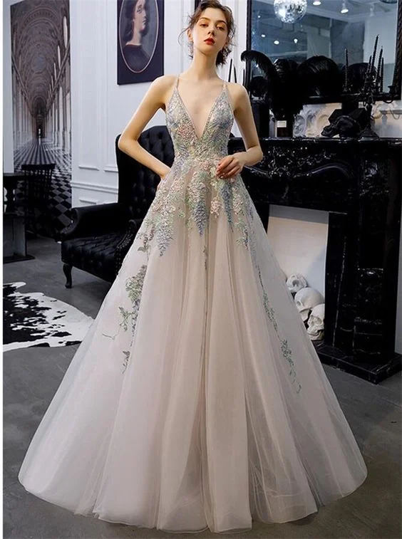 Polished Style Deals A-Line Tulle Long Prom Dresses Backless Evening Gown With Appliques  cg7881 Lightweight Fabric