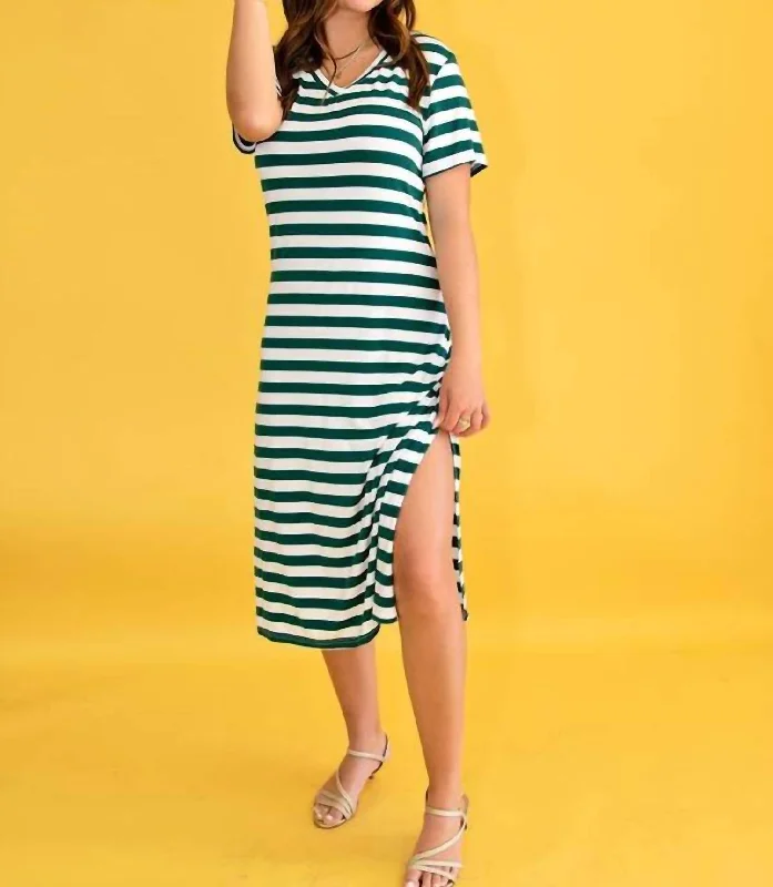 Budget-Friendly Fashion Short Sleeve Stripe V-Neck Maxi Dress Side Slits In Green Sleek Design