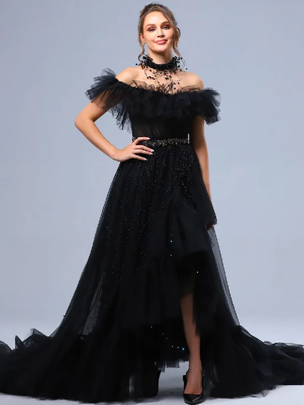 Don't Miss Out High Low Black Ball Gowns Wedding Dresses Gothic A line Feminine Grace