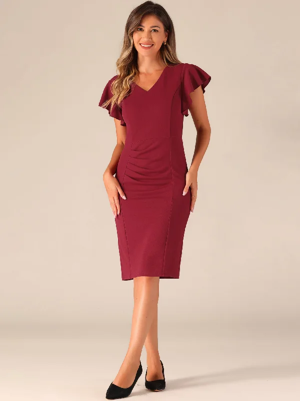 Fashion Sale Ruffle Sleeve Solid V Neck Ruched Front Elegant Bodycon Dress Romantic Date - Night Ensemble