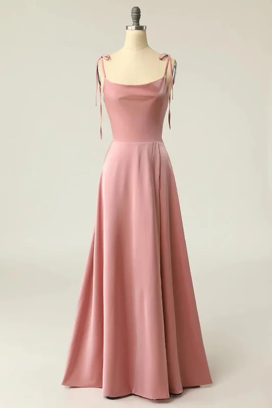 Street Style Discounts Peach Satin Square Neck Tying Straps Long Bridesmaid Dress Vintage Retro Party Wear