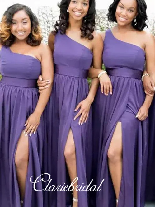 Classic Chic Deals One Shoulder Purple Side Slit Long Bridesmaid Dresses Mid - Season Sale