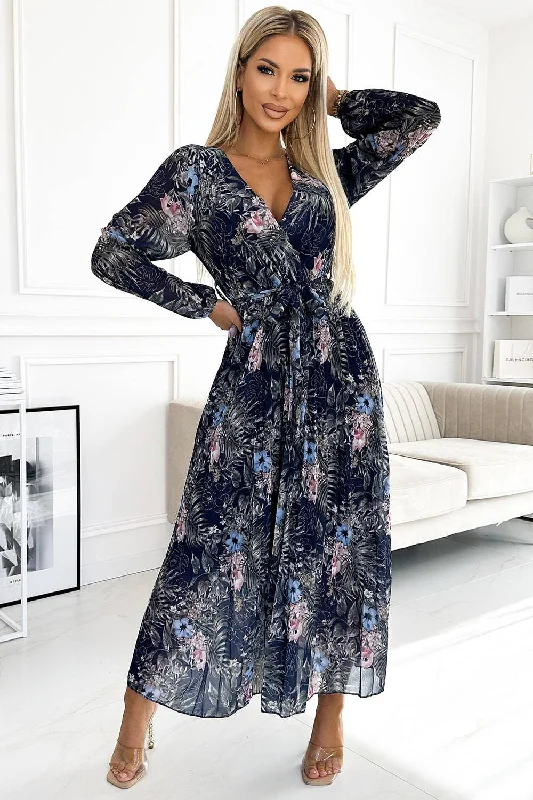 Daring Fashion Promotions Numoco Basic 511-3 Pleated chiffon long dress with a neckline, long sleeves and a belt - navy blue pattern Ethnic Cultural Event Wear