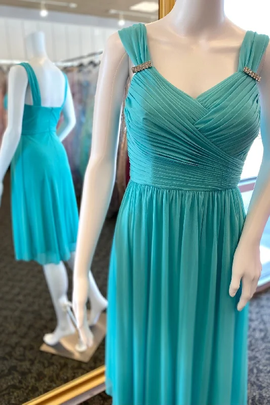 Crazy Discounts, Hurry Up Teal Blue Chiffon Straps A-Line Short Bridesmaid Dress Flowy Fabric