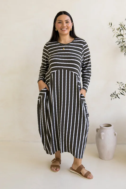 Sporty Fashion Offers Long Sleeve Soho Dress | Moss Green/White Stripe Refined Simplicity