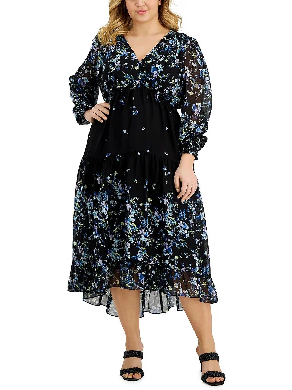 Special Offer Plus Womens Floral Print Calf Midi Dress Romantic Flair