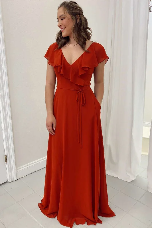 Get The Latest Trends Rust Orange Ruffled V-Neck A-Line Long Bridesmaid Dress Vintage Retro Party Wear