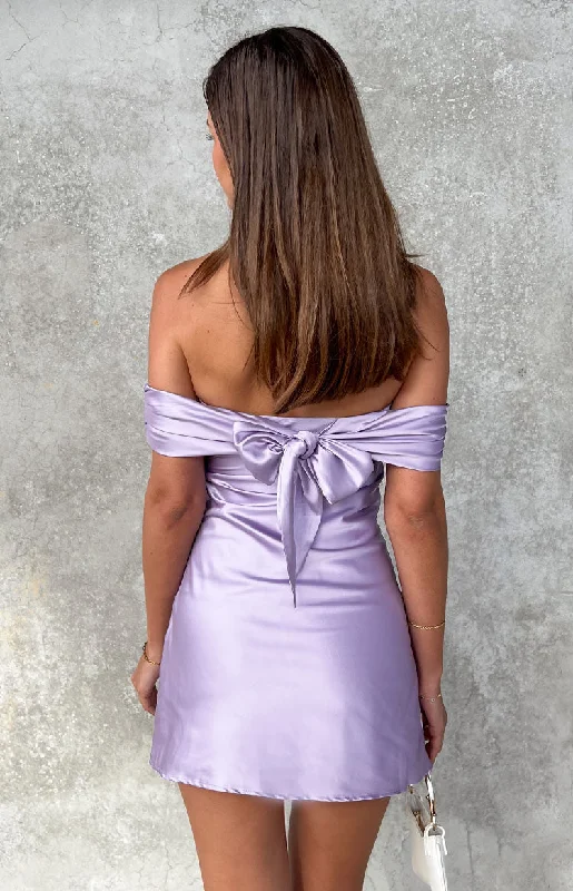 Cozy Chic Promotions Primrose Purple Satin Off the Shoulder Mini Dress Today Only