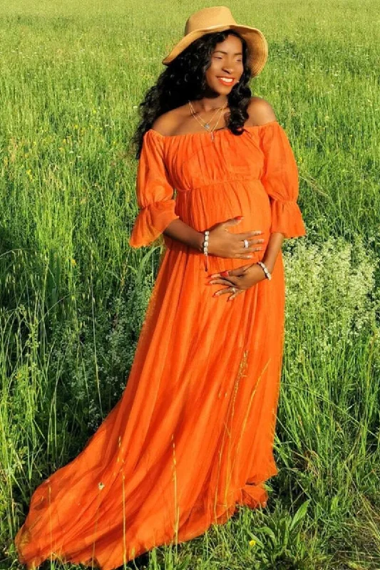 Smart Casual Deals Orange Off-the-Shoulder Long Maternity Bridesmaid Dress Art Deco Geometric Pattern Look