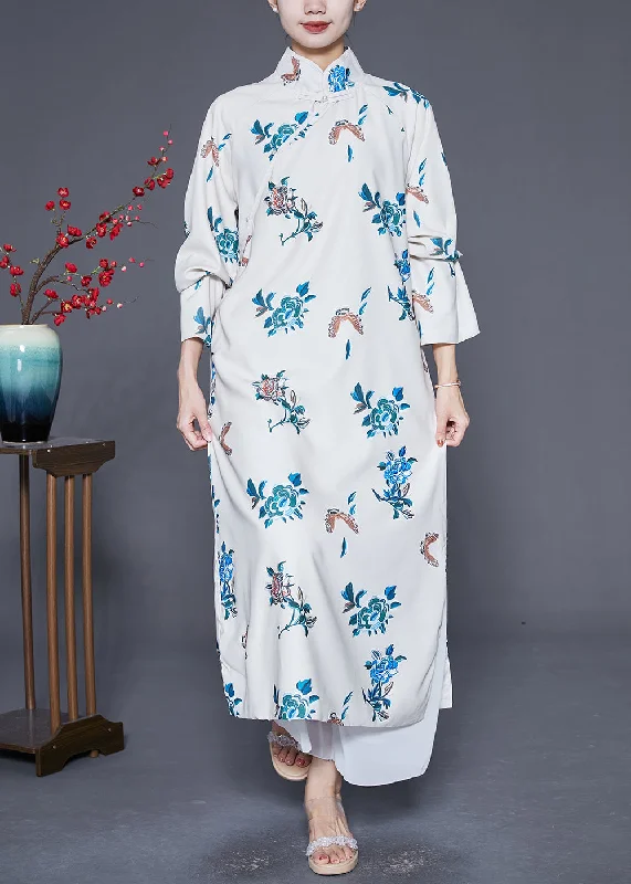 Affordable Trendy Fashion Vintage White Mandarin Collar Embroideried Satin Dress Caftan Spring Vintage Elegance