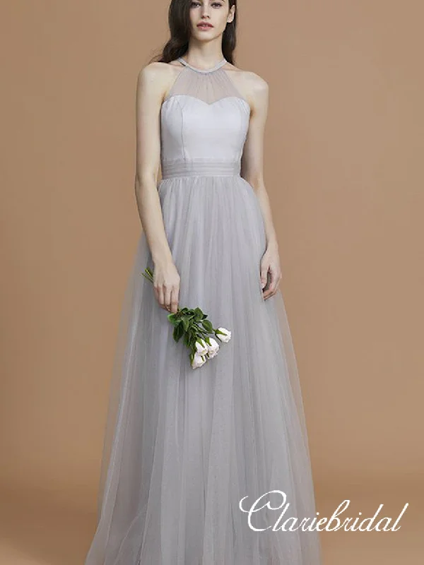 Classy Style Discounts Illusion A-line Silver Tulle A-line Bridesmaid Dresses, Wedding Party Dresses Bold Silhouette