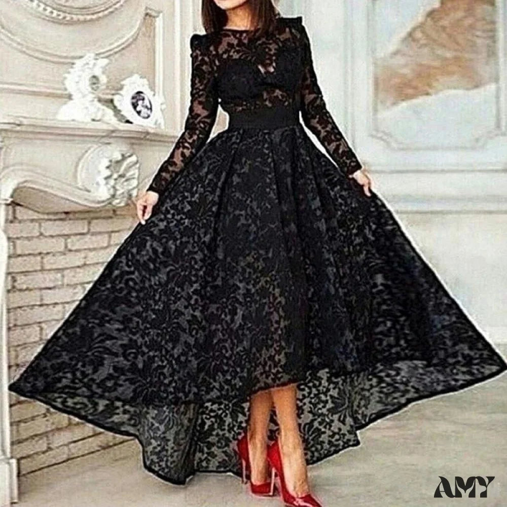 Romantic Chic Deals Amy Fashion - Black Long Sleeves Tea Length Lace Elegant Evening Gown Elegant Ensemble