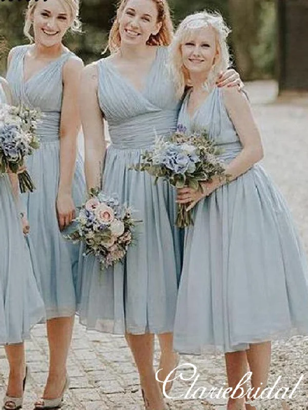 Seasonal Picks V-neck Ankle Length Light Blue Bridesmaid Dresses Feminine Soft - Hued Styles