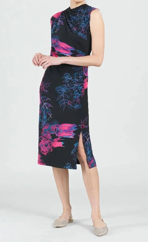 Unleash Your Fashion Electric Floral Ruched Dress In Black/fucshia Chic Urban Fashion Look