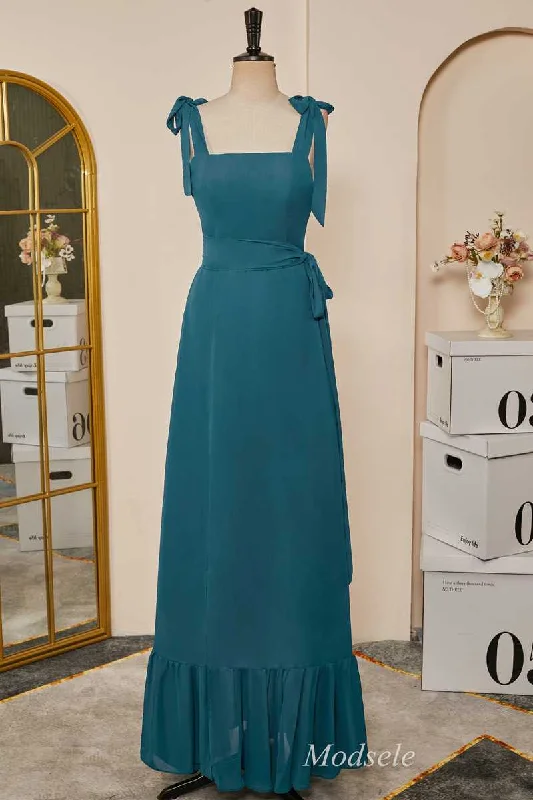 Limited Time Offers Emerald Tie Strap Ruffle Long Bridesmaid Dress Playful Elegance