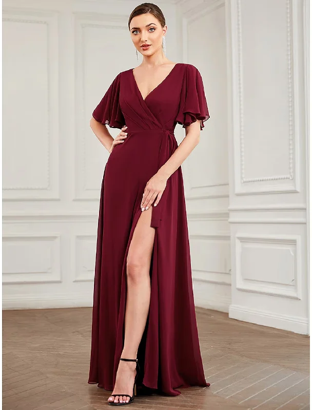 Massive Savings A-Line Bridesmaid Dress V Neck Short Sleeve Elegant Floor Length Chiffon with Ruffles / Draping / Bandage Mid - Season Sale