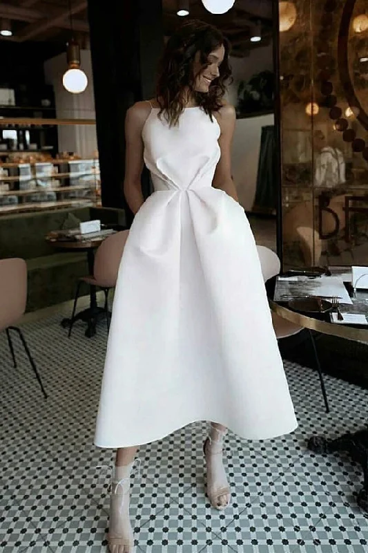 Casual Yet Chic Sales White Satin Spaghetti Straps Backless Tea Length Prom Dresses Graceful Cut