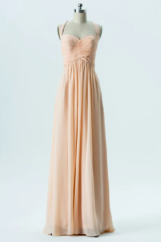 New In This Season Light Orange Chiffon Halter Backless Bridesmaid Dress Dreamy Aesthetic