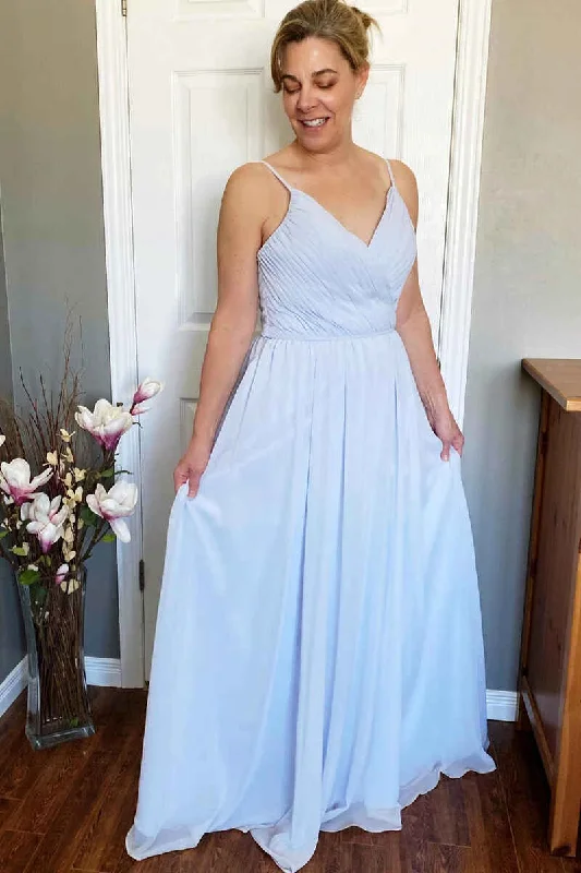 Discover Promotions Light Blue Chiffon V-Neck Backless Long Bridesmaid Dress Effortless Comfort