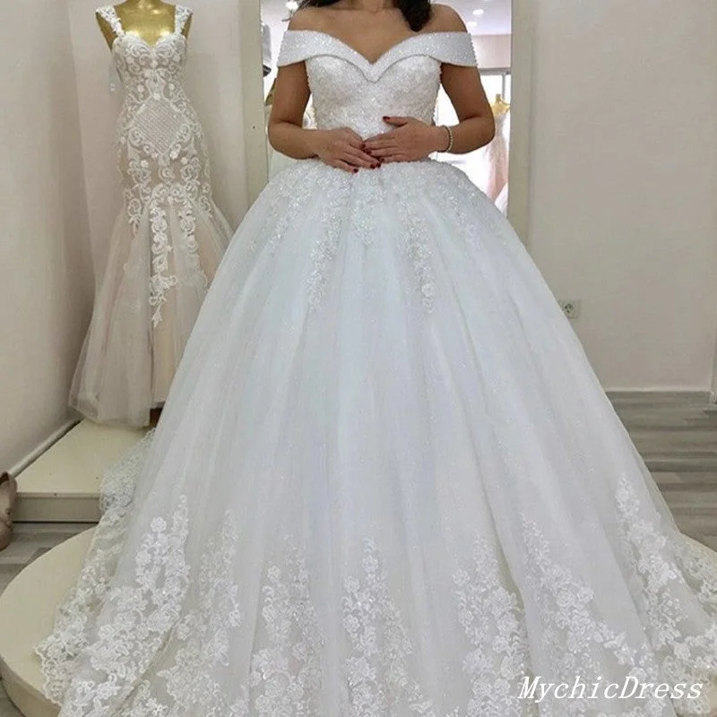 Feminine Style Promotions Gorgeous Off the Shoulder Lace Sequin Vintage Wedding Dresses Feminine Soft - Hued Look