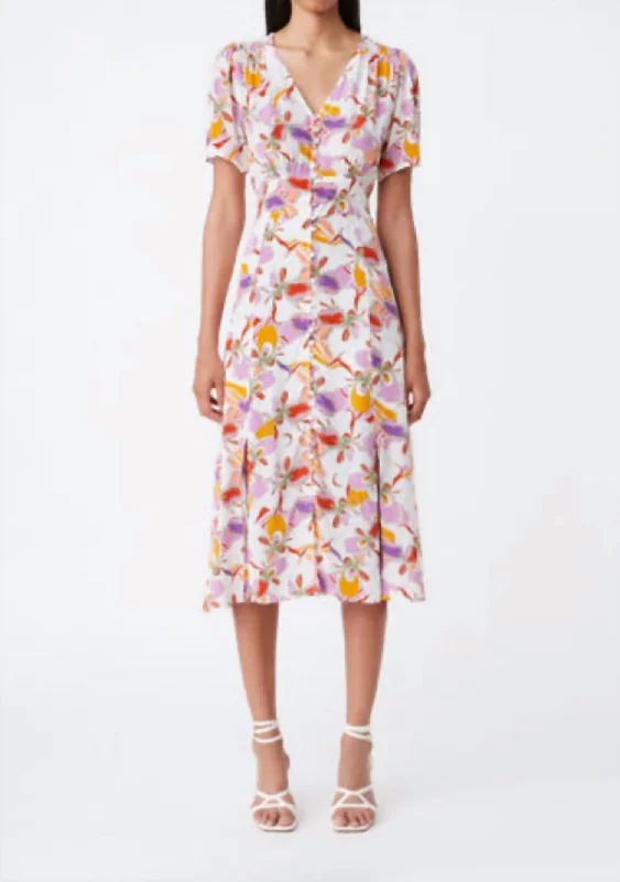 Comfortable Chic Floral Printed Caitlin Dress In Mauve Contemporary Elegance