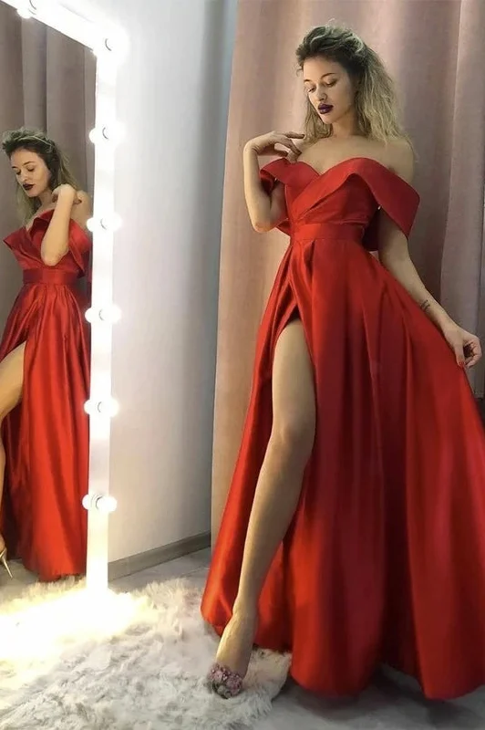 Easy Elegance Sales Sexy Red Off The Shoulder Satin Side Slit Prom Gown End - Of - Month Blowout