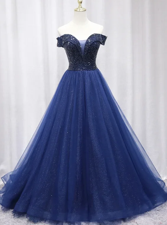 Street Chic Discounts Blue tulle beaded long prom gown formal dress   cg12203 Sleek Design