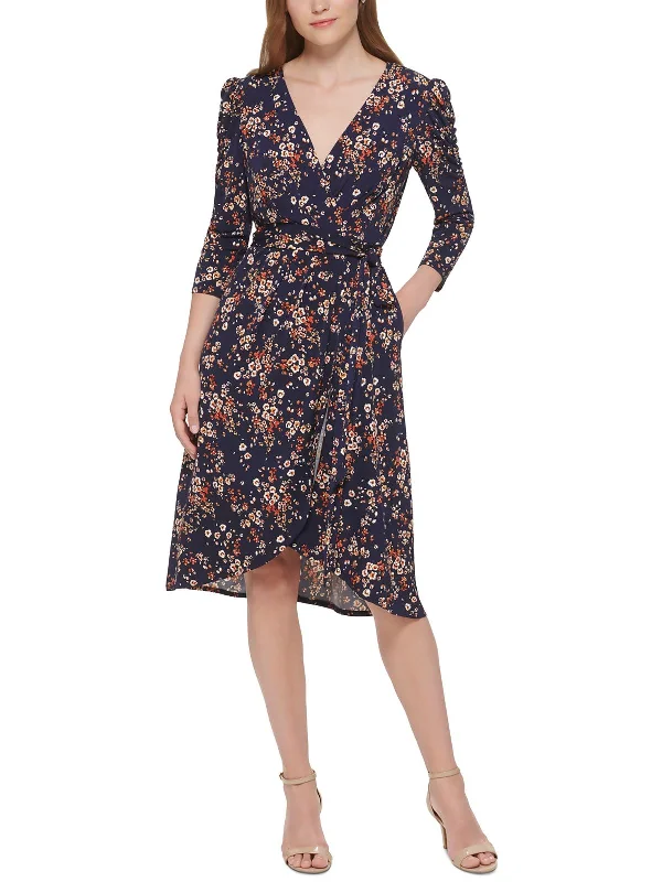 Fashion Sale Petites Womens Floral Surplice Midi Dress Coastal Beach - Inspired Style