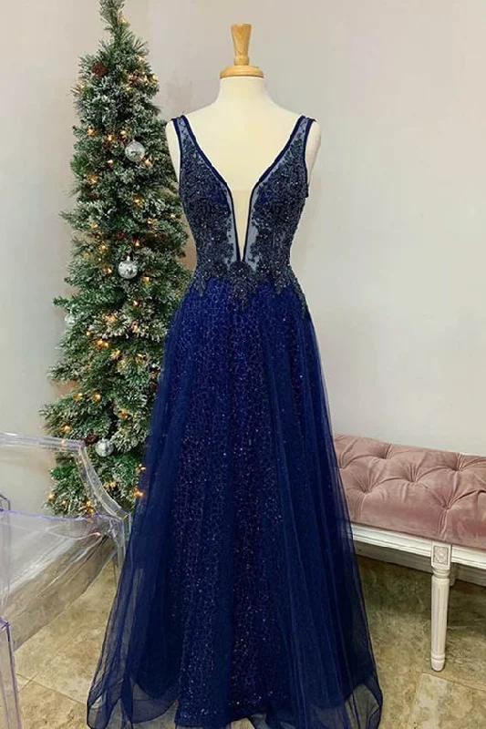 Massive Selection Sale Navy Blue Long Prom Dresses Couture Ball Gowns Pageant V Neck Tulle Beaded Formal Dance Dress    cg13219 Vintage Charm