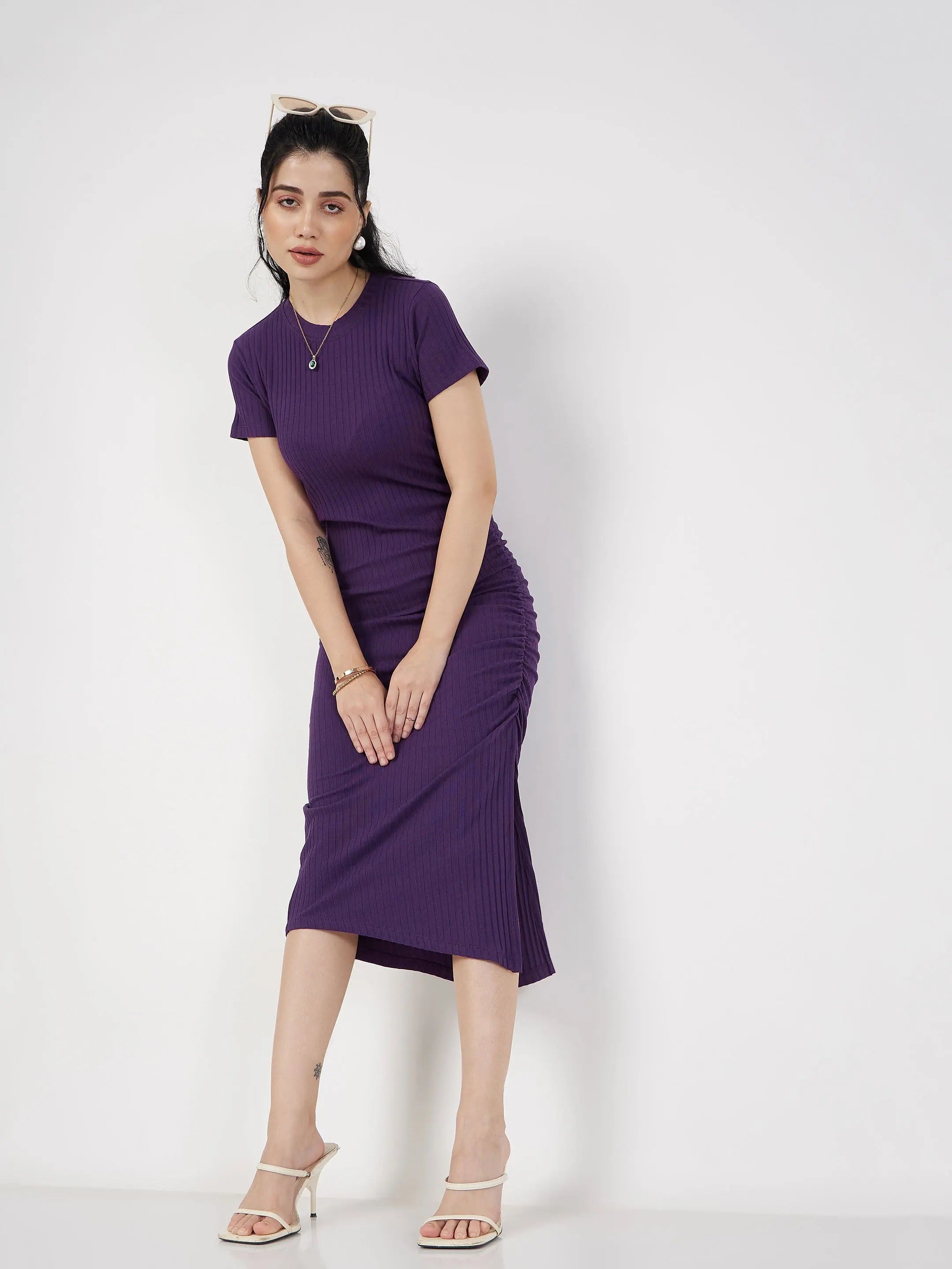 New Styles Just In Women Purple Rib Side Ruched Bodycon Maxi Dress Now On Sale For Chic Urban Styles