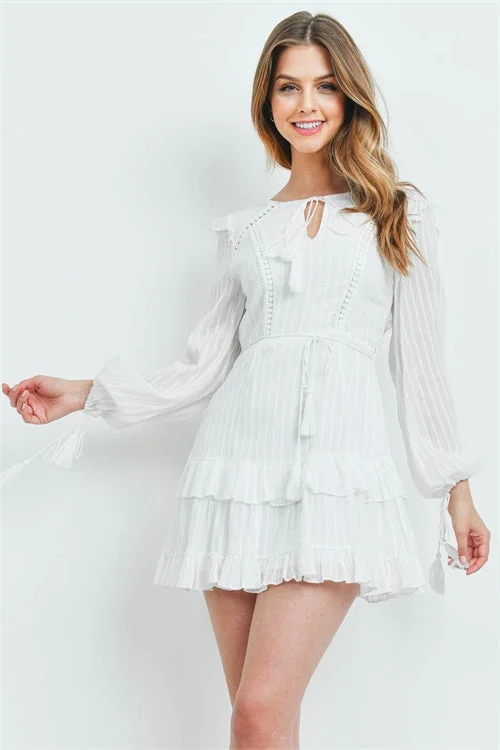 Trend Forward Threads Ivory Long Sleeve Boho Inspired Ruffle Dress Bold Silhouette