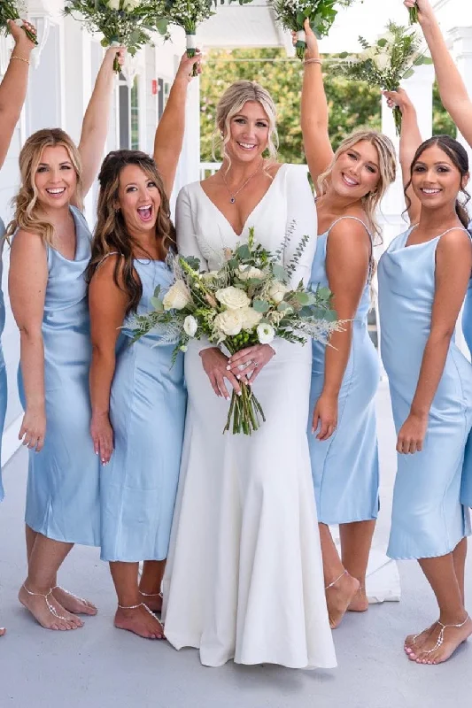 Hot Deals Light Blue Spandex Cowl Neck Straps Calf-Length Bridesmaid Dress Buy More, Save More