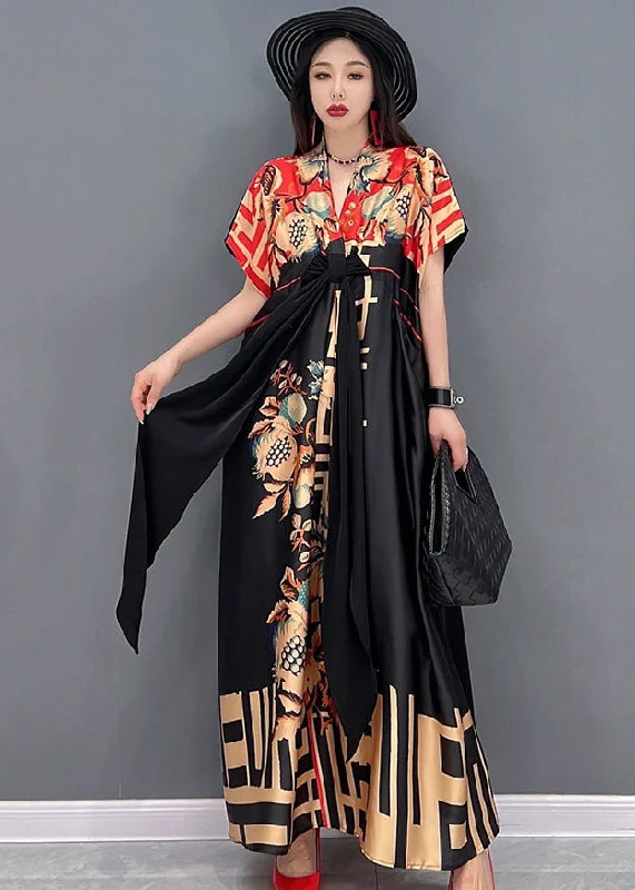 Stylish Statements Vintage Black Red V Neck Bow Print Satin Long Dresses Short Sleeve Chic Allure