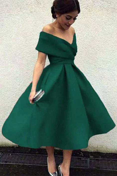 Swimwear Summer Blowout Green Off the Shoulder Tea Length Satin Cute Homecoming Dresses Dreamy Draping