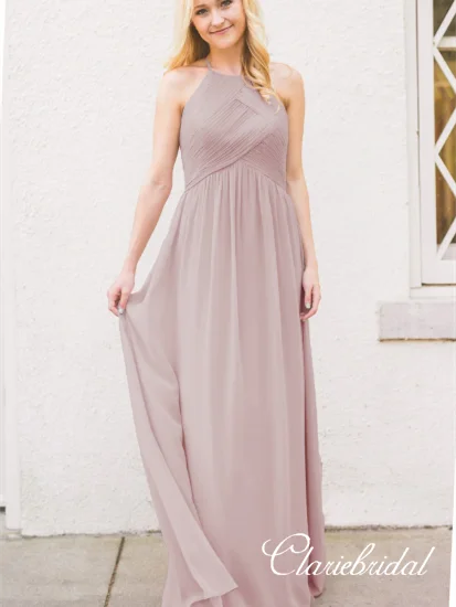 Seasonal Clearance A-line Simple Design Open Back Chiffon Long Bridesmaid Dresses Refined Simplicity