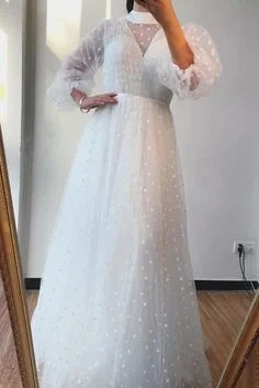 Style Without Limits A-line High Neck Long Sleeves White Long Prom Dresses Formal Gowns   cg7259 Mid - Season Sale