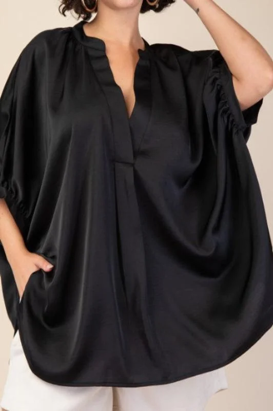 Chic Trend Collection GLAMOROUS CELEBRATION BLACK SATIN OVERSIZED TUNIC Elevated Style