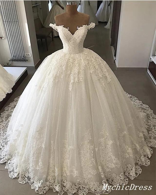 Playful Fashion Offers Ivory Tulle Lace Ball Gown Wedding Dresses Appliques Off the Shoulder Flash Sale