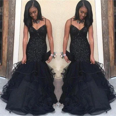 Budget Saver Black V-neck Spaghetti Prom Dresses | Sequins Ruffles Evening Gowns   cg11818 Luxe Layering