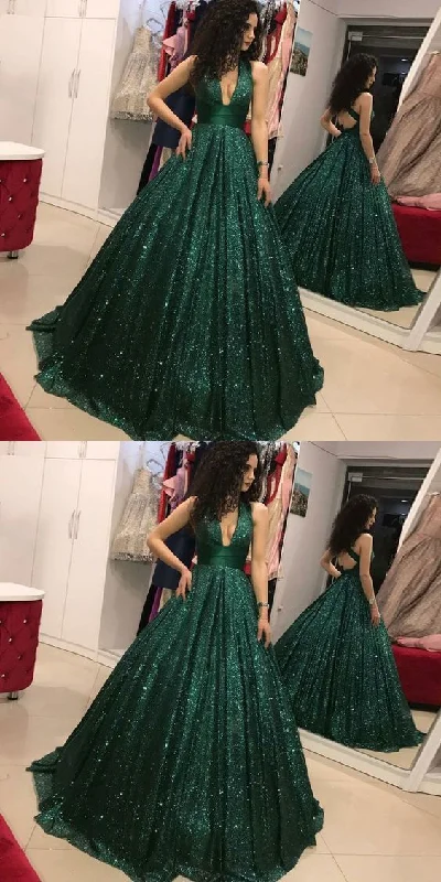 Stylish Looks Dazzling Sparkly Sequins Green Ball Gown Plunge V neck Prom Dress Long with Cross Straps   cg16829 Elegant Contour