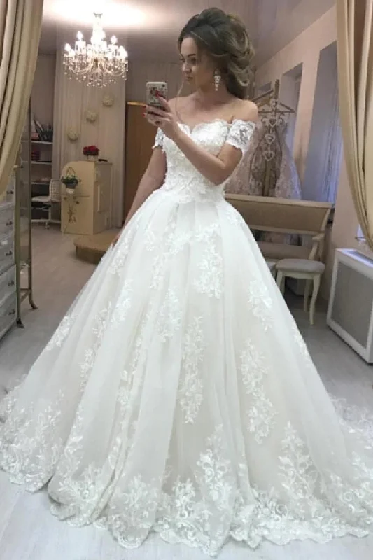 Fashion Forward Gorgeous A Line Off the Shoulder Lace Wedding Dresses Tulle Appliques Bridal Gown Seasonal Trend