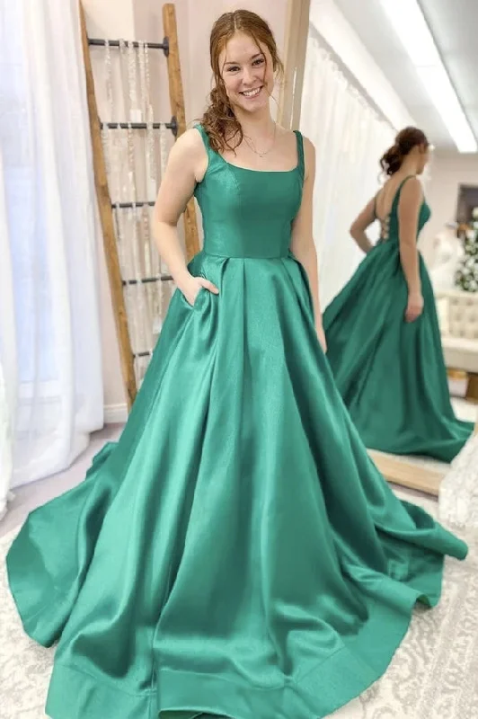 Casual Chic Deals Square Neck Long Satin Prom Dress With Pockets Y0410 Chic Allure