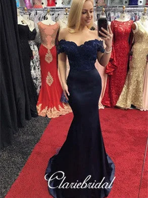 Seasonal Trends Off Shoulder Mermaid Navy Lace Elastic Satin Prom/Bridesmaid Dresses Exquisite Craftsmanship