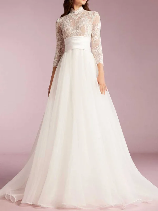 The Latest Fashion Trends Lace Wedding Dress With 3/4 Sleeves A Line High Neck Big Savings On Rustic Countryside Styles