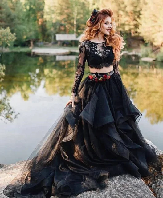 Mega Sales Two Piece Long Sleeves Lace Tulle Black Gothic Wedding Dresses Vintage Elegance