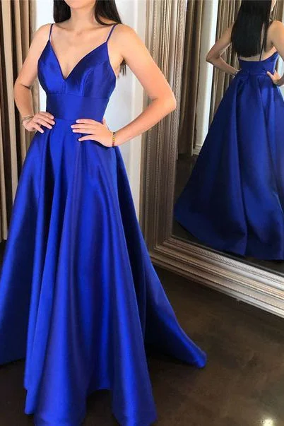 Timeless Elegance Sale Royal Blue Spaghetti Straps V-Neck Floor Length Satin Prom Dresses N2669 Limited - Edition Drops