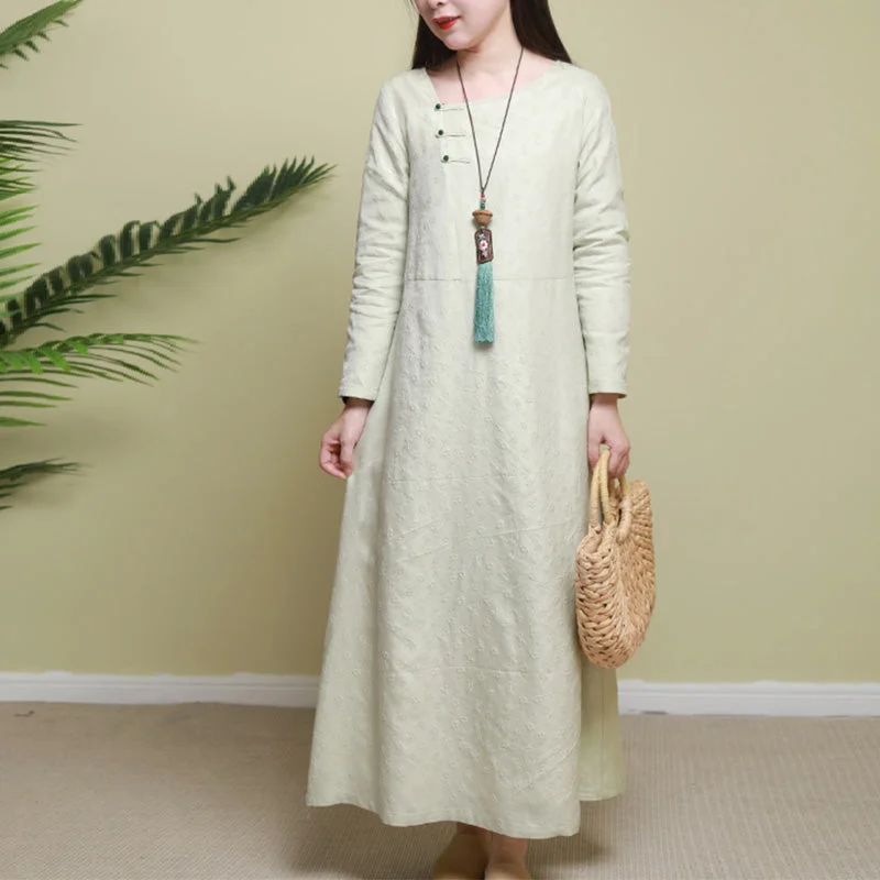 Romantic Chic Deals Autumn Retro Solid Long Sleeve Figured Linen Dress Discounts On Casual Weekend Styles