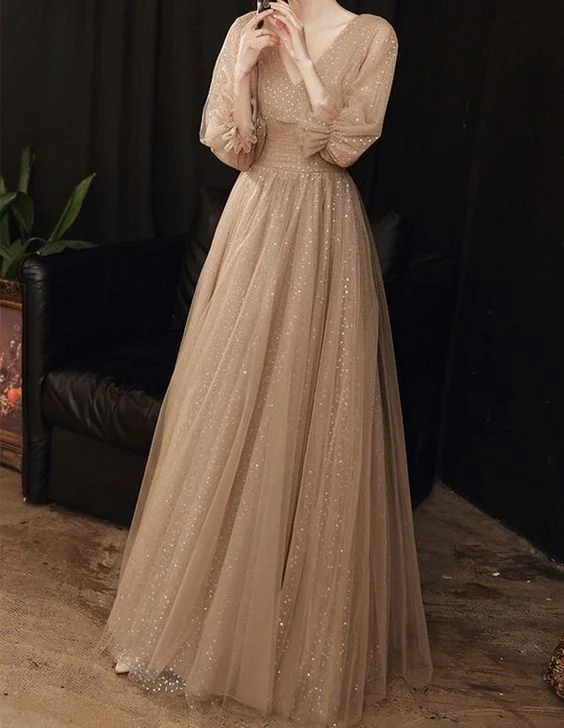 Seasonal Picks Prom Dress Champagne Evening Dress Elegant Sequins Party Dress 3/4 Sleeve Graduation Gown   cg17874 Bold Patterns