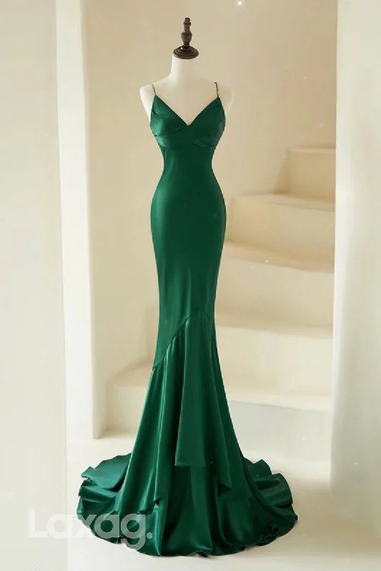 Unleash Your Trendy Side 22439 - Spaghetti Straps Sleek Satin Mermaid Party Prom Formal Evening Dress Dreamy Aesthetic